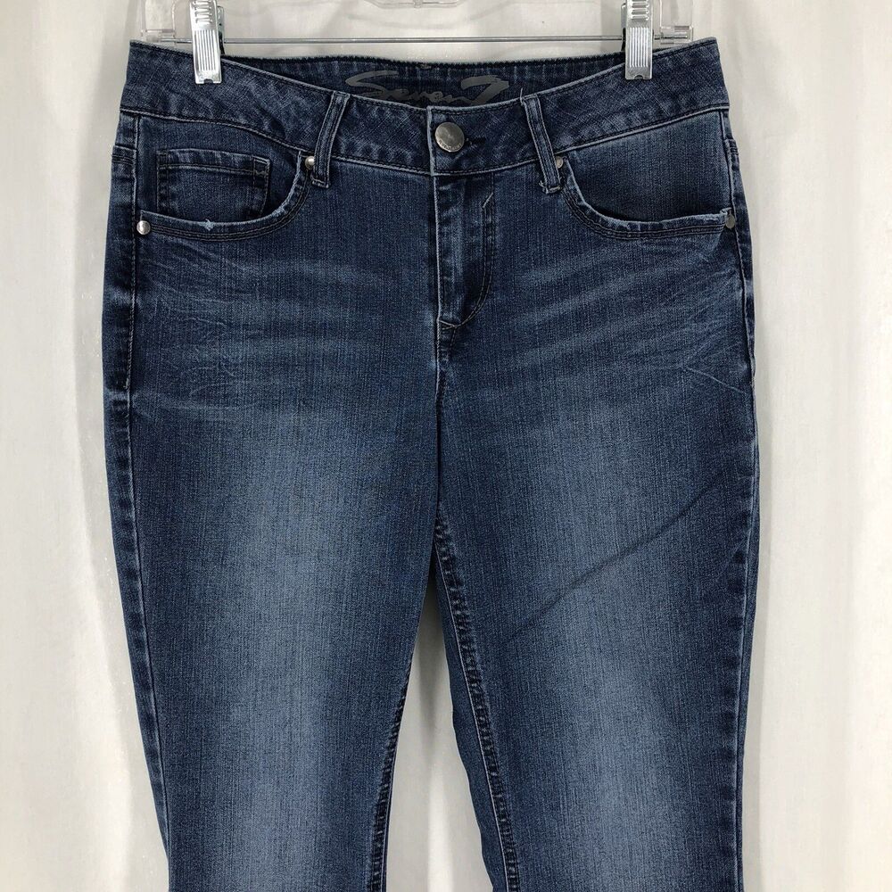 Seven7 Ankle Flare Mid Rise Cropped Pants Raw Hem Stretch Denim Blue Jeans Sz 8